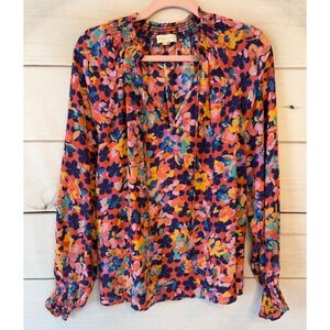 Caballero Floral Smocked Neck Tie Front Viscose Blouse Orange Blue XS